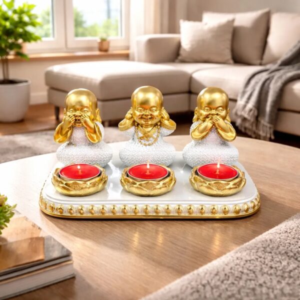 Set Decorativo 3 Monjes Sabios Buda + Porta Velas