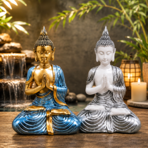 buda decorativo meditación plateado y dorado
