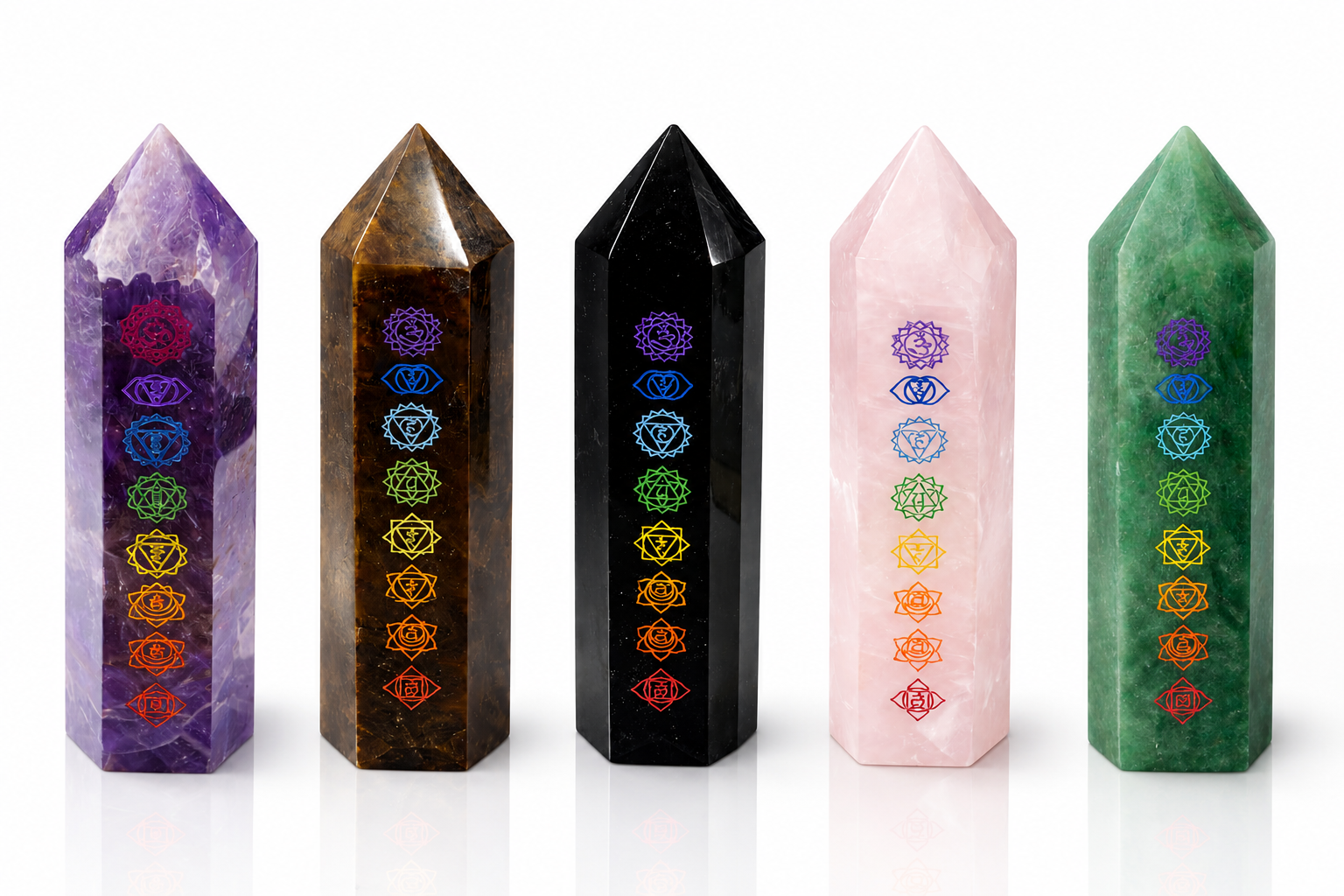 5 obeliscos de cristales con símbolos de los 7 chakras 5 obeliscos de cristales con símbolos de los 7 chakras